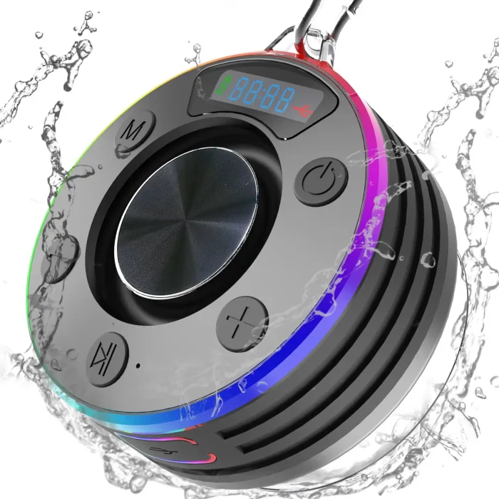 RGB Waterproof Bluetooth Shower Speaker with LED Display & Carabiner