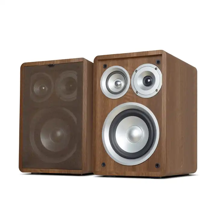 Nordic Walnut 3-Way Bookshelf Speakers – Hi-Fi Passive Stereo Pair with Retro Fabric Grille
