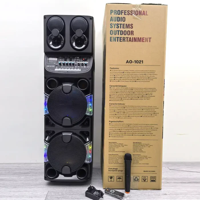 AO-1021 Professional Dual 10" Portable Bluetooth Party Speaker – 18000W PMPO with Wireless Mic & RGB Lights